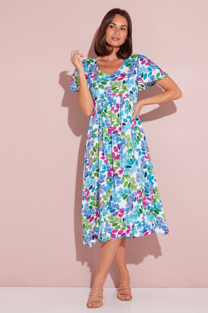Brighton Dress - Aqua/Pink Leaf