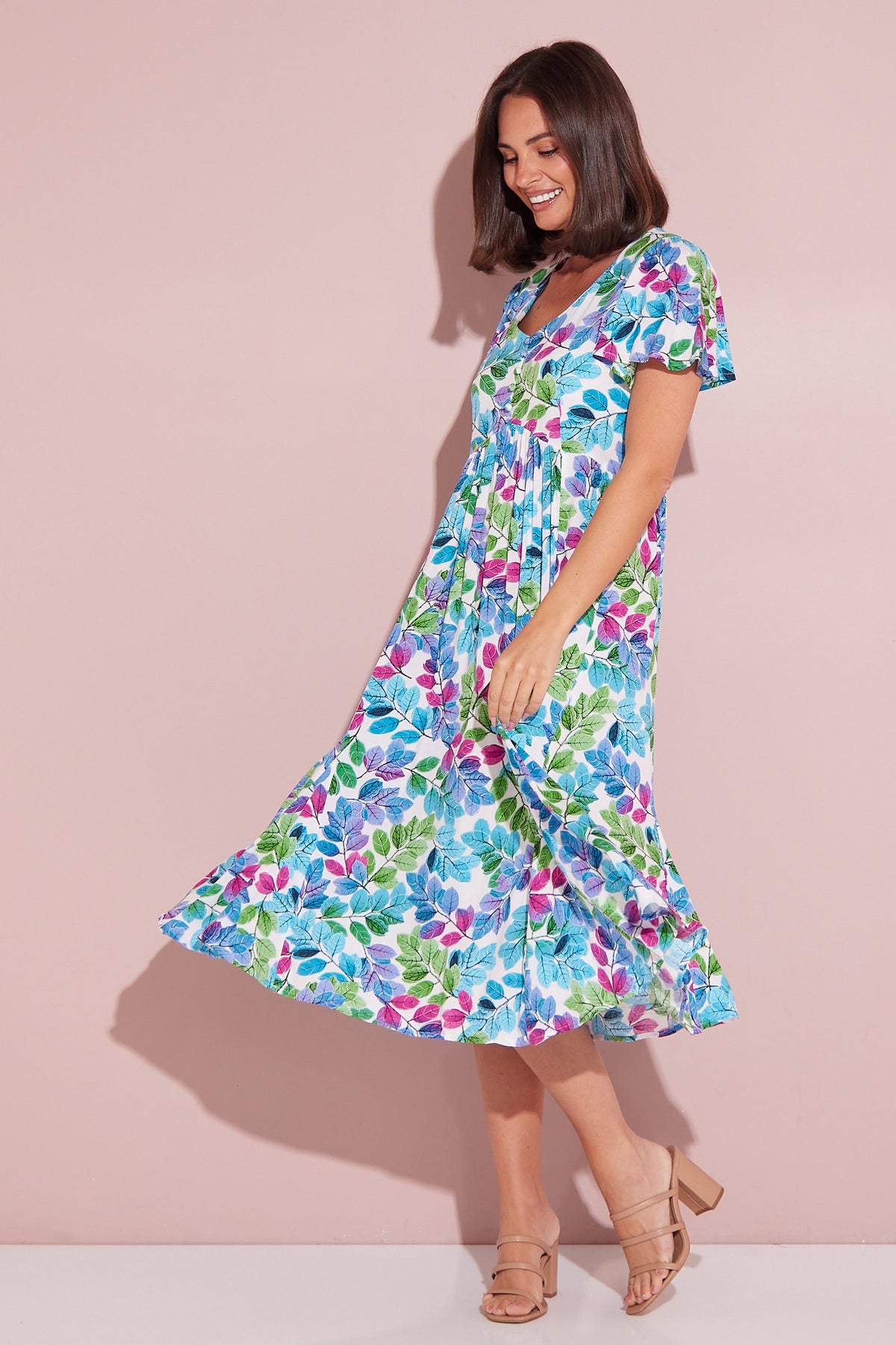 Brighton Dress - Aqua/Pink Leaf