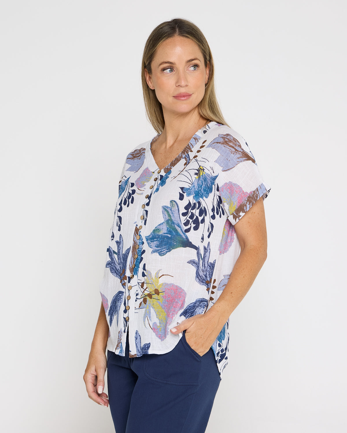 Gemma Linen & Cotton Top - White/Blue Floral