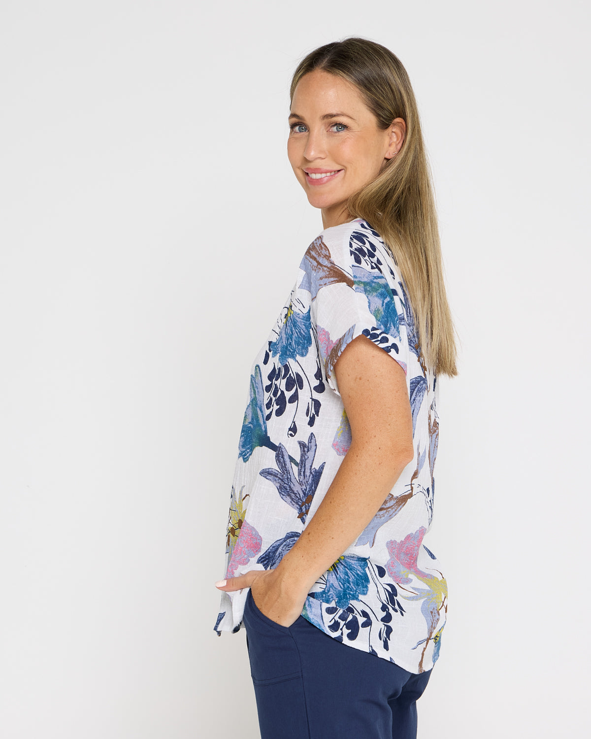 Gemma Linen & Cotton Top - White/Blue Floral