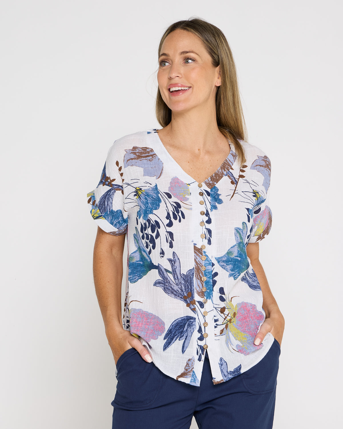 Gemma Linen & Cotton Top - White/Blue Floral