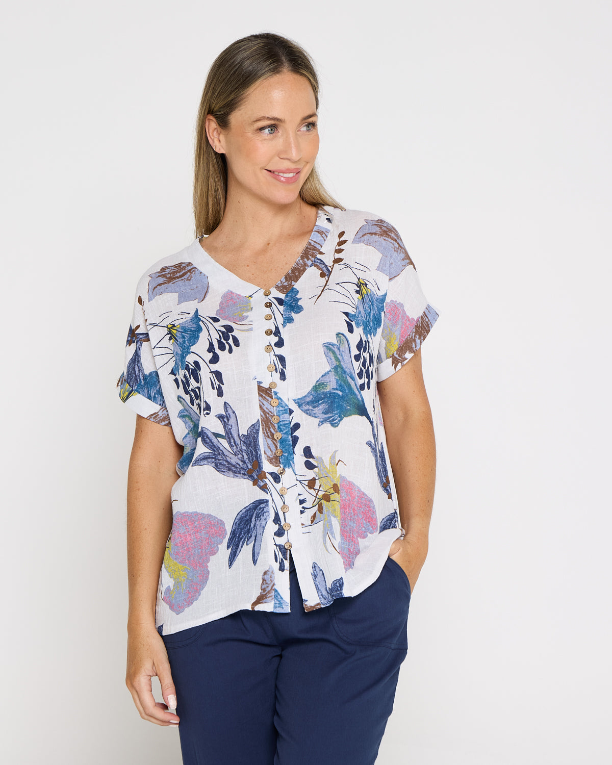 Gemma Linen & Cotton Top - White/Blue Floral
