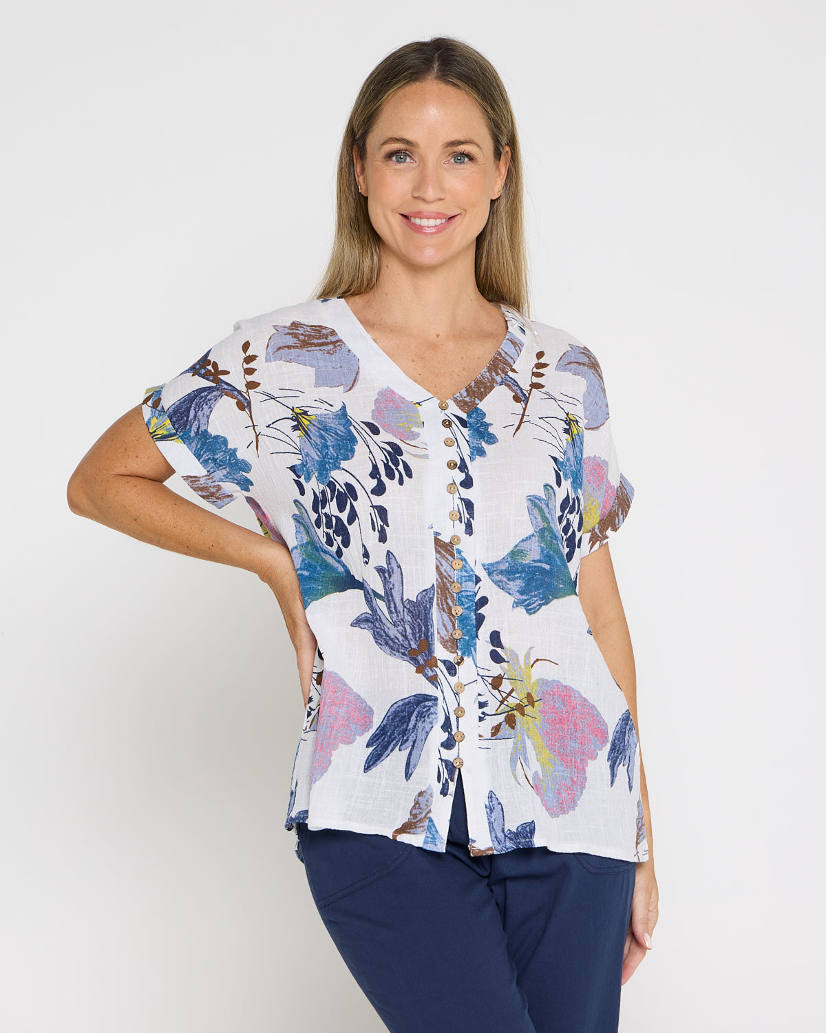 Gemma Linen & Cotton Top - White/Blue Floral