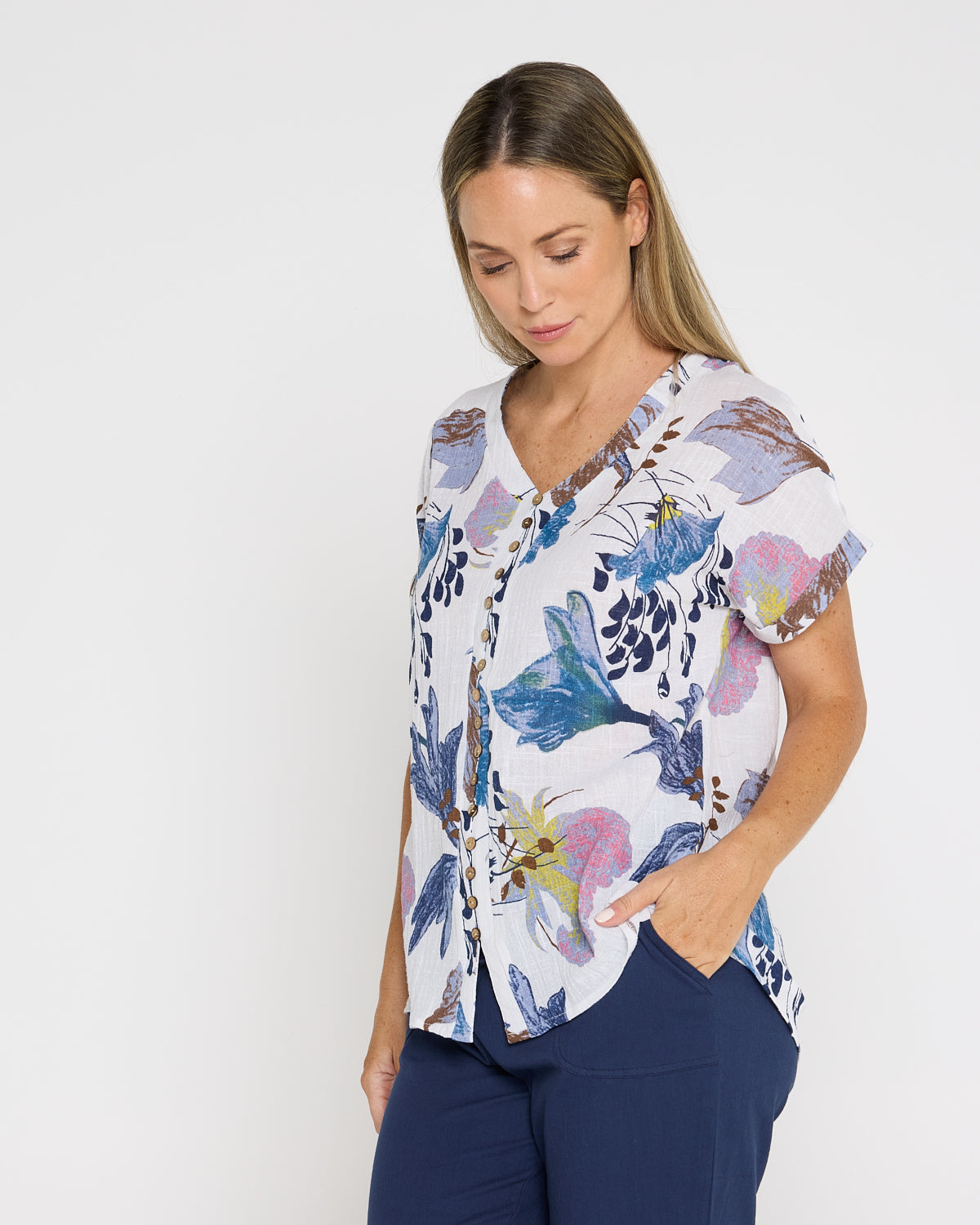 Gemma Linen & Cotton Top - White/Blue Floral