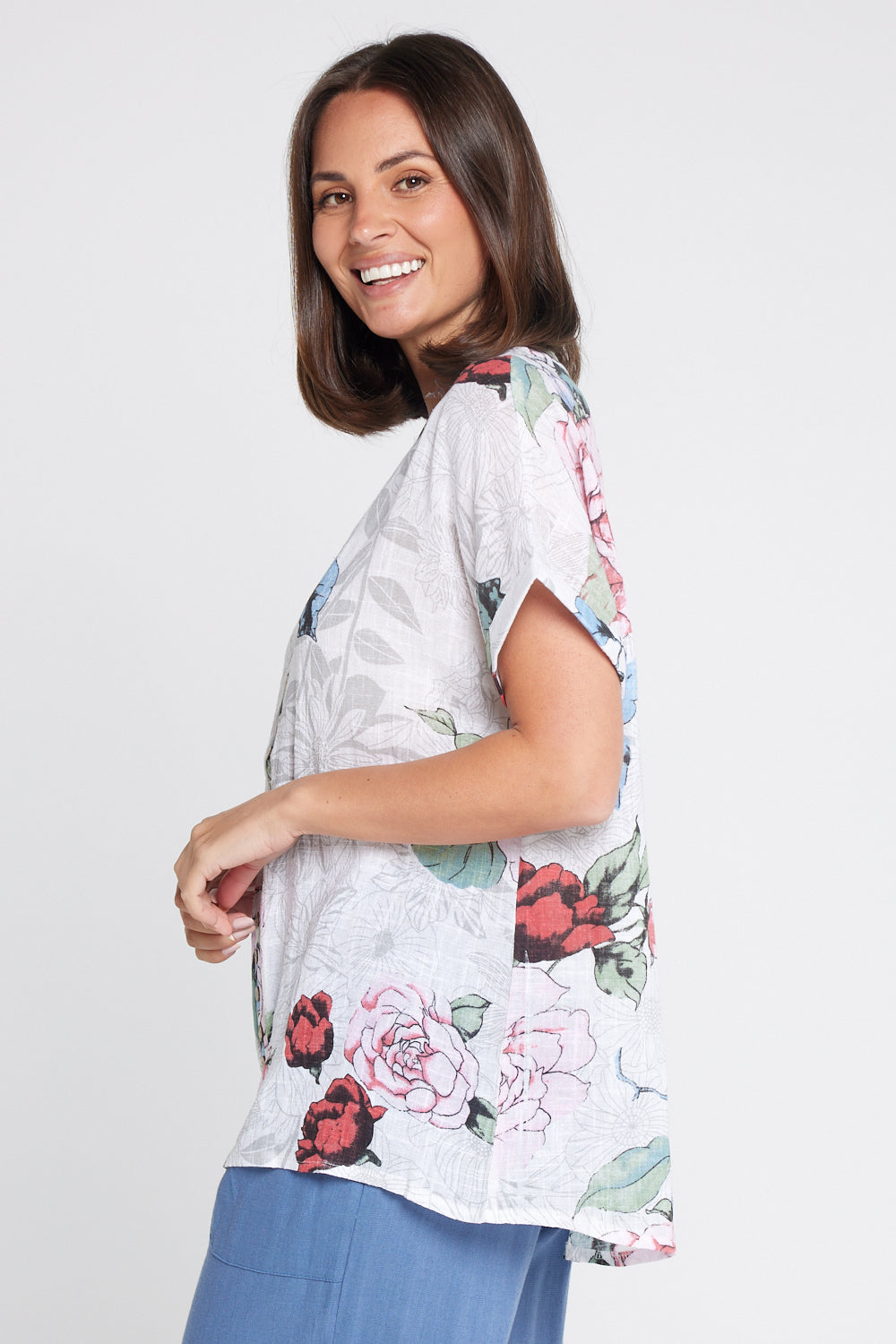 Gemma Linen & Cotton Top - White Floral