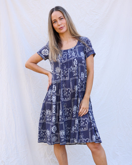 Emery Cotton Dress - Navy Floral Mosaic