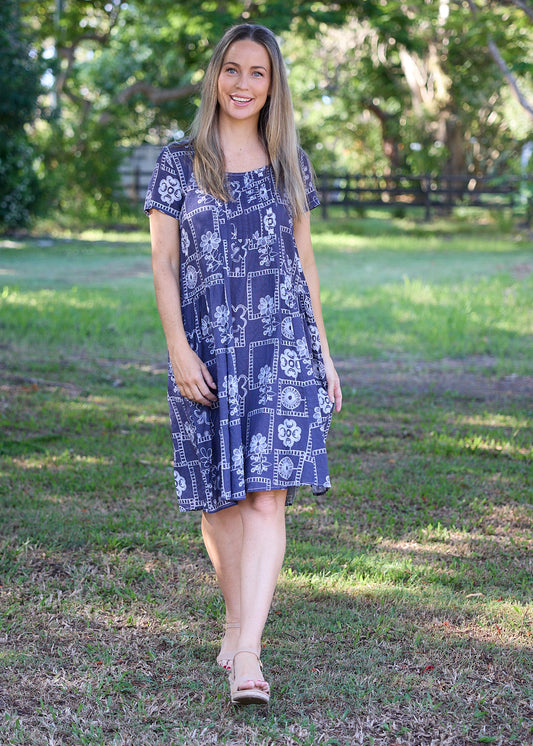 Emery Cotton Dress - Navy Floral Mosaic