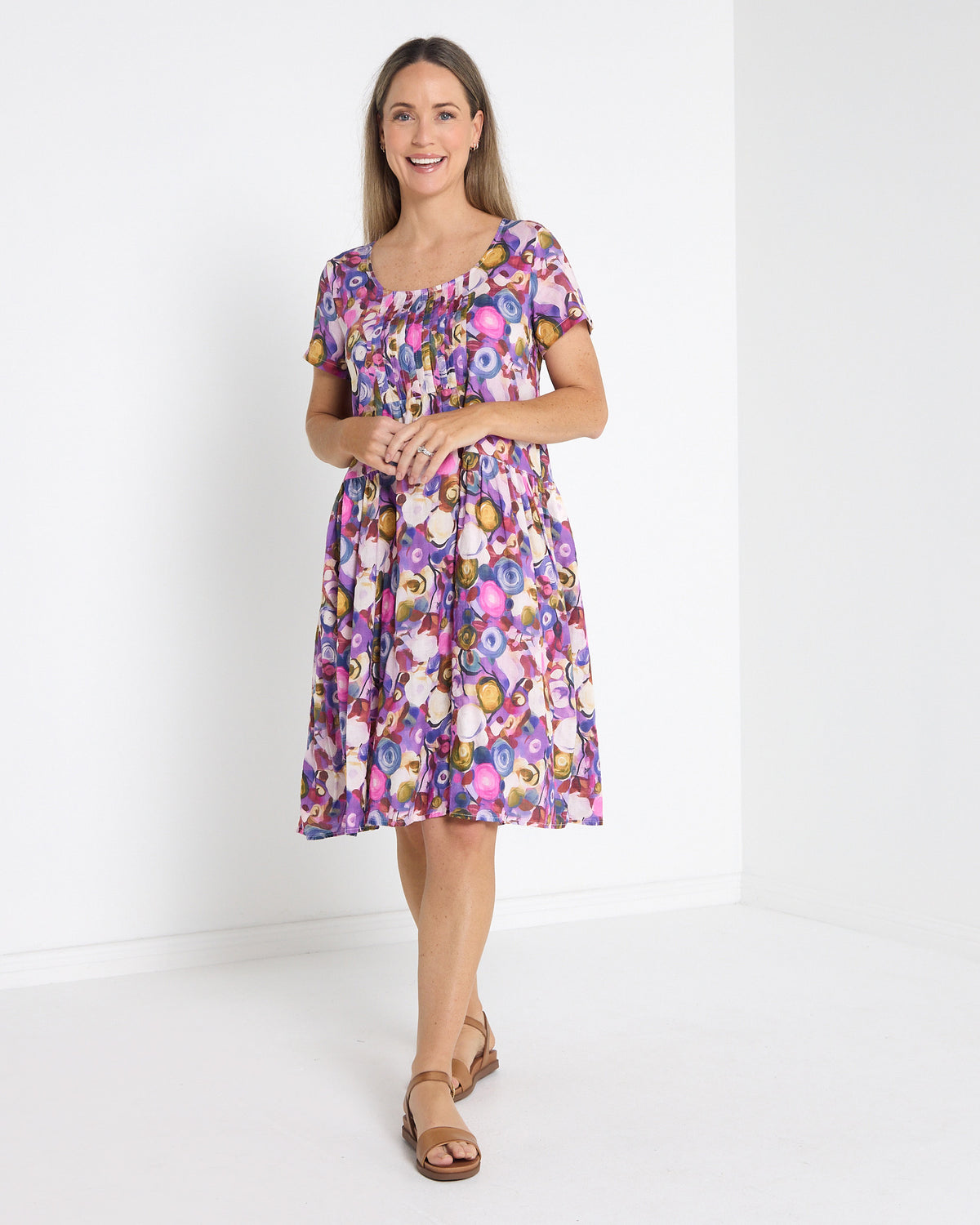 Emery Pintuck Dress in berry pop, full-length front view with short sleeves and pintuck front