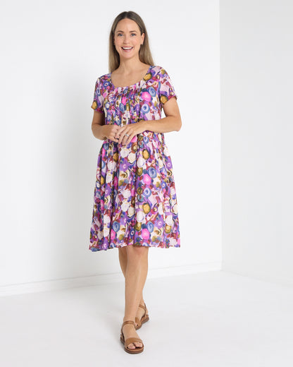 Emery Pintuck Dress in berry pop, full-length front view with short sleeves and pintuck front