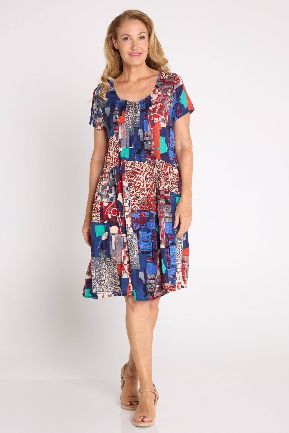 Emery Cotton Dress - Navy/Burgundy Mosaic