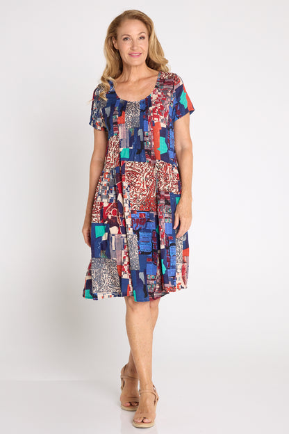 Emery Cotton Dress - Navy/Burgundy Mosaic