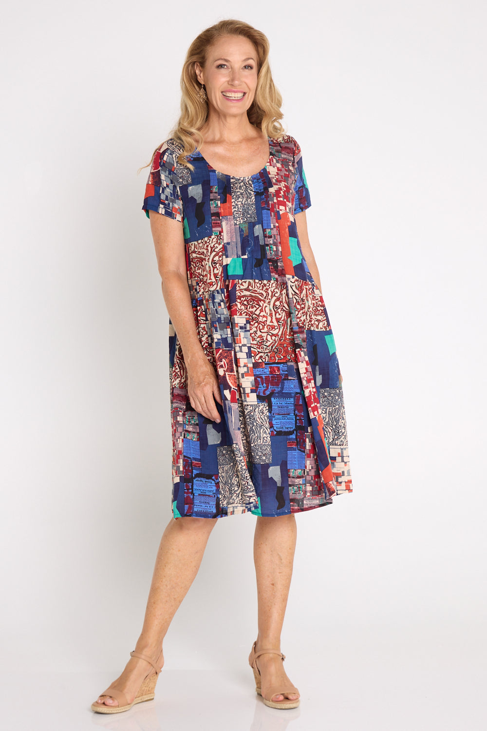Emery Cotton Dress - Navy/Burgundy Mosaic