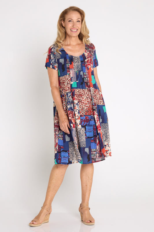 Emery Cotton Dress - Navy/Burgundy Mosaic