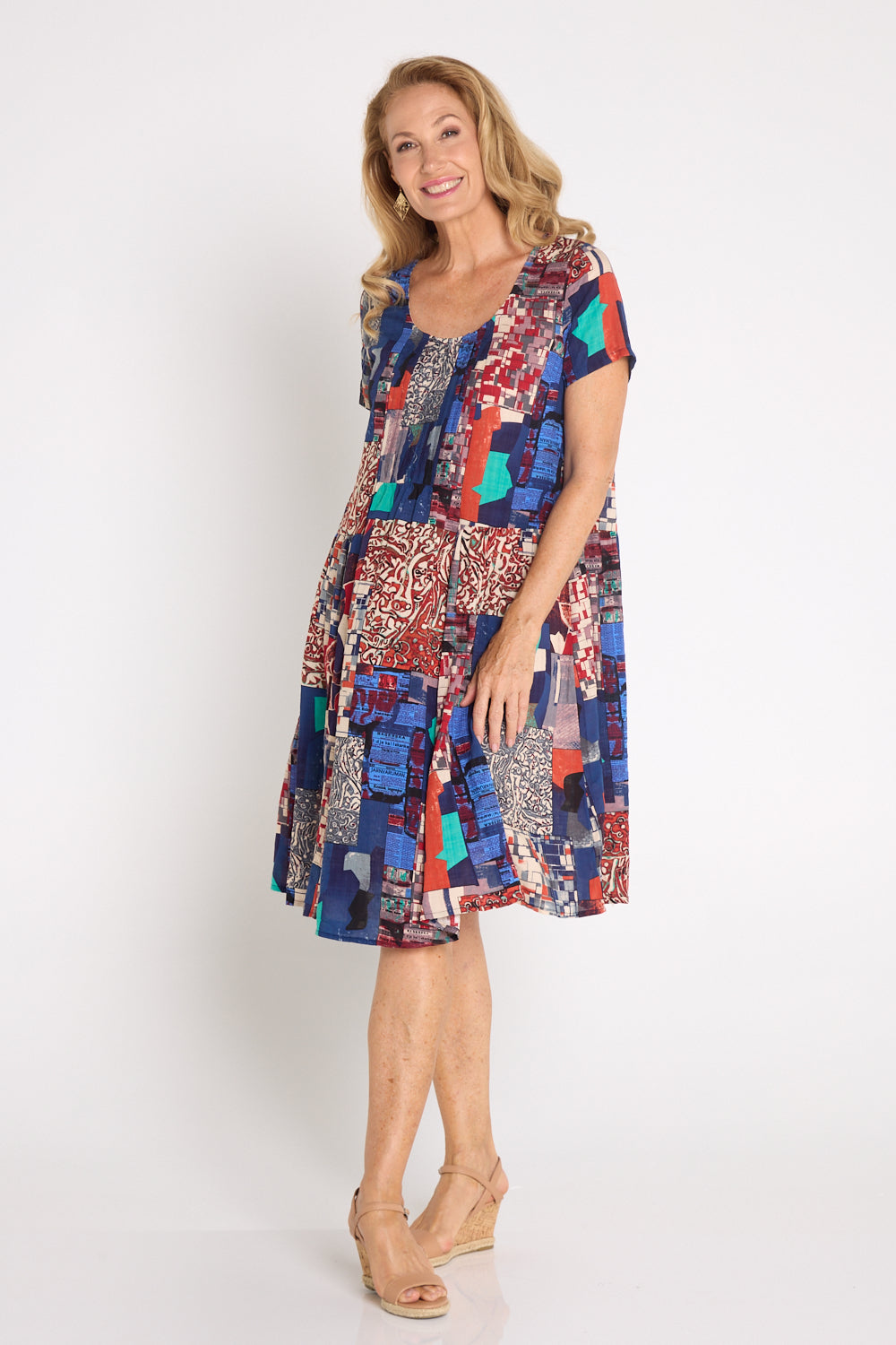 Emery Cotton Dress - Navy/Burgundy Mosaic