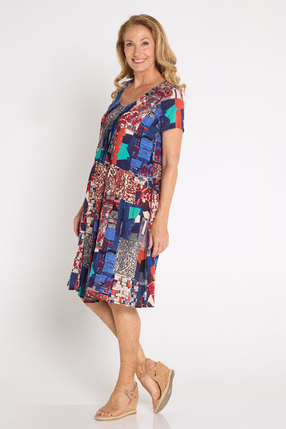 Emery Cotton Dress - Navy/Burgundy Mosaic