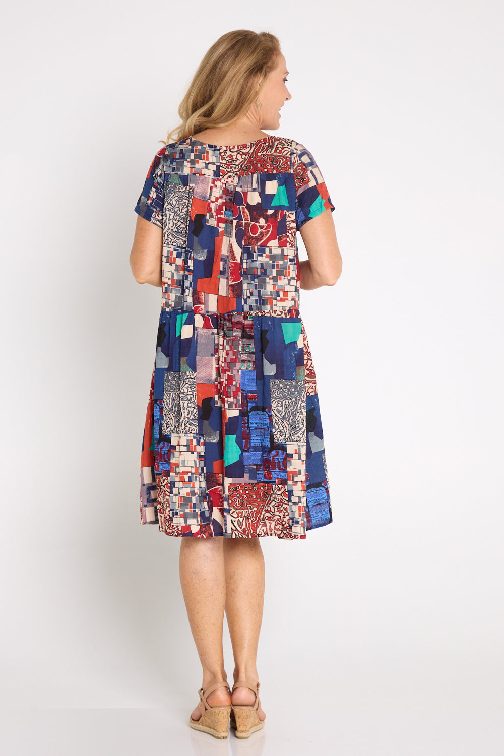 Emery Cotton Dress - Navy/Burgundy Mosaic