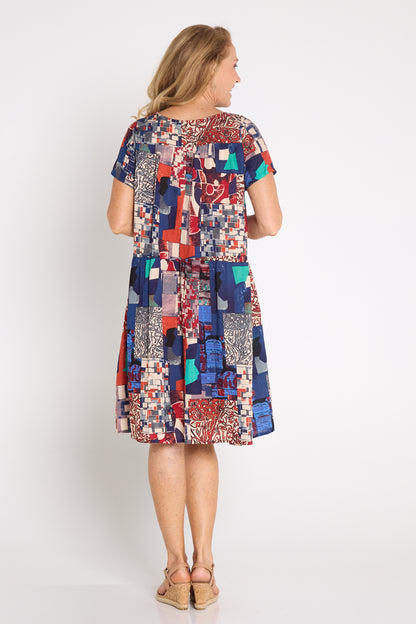 Emery Cotton Dress - Navy/Burgundy Mosaic