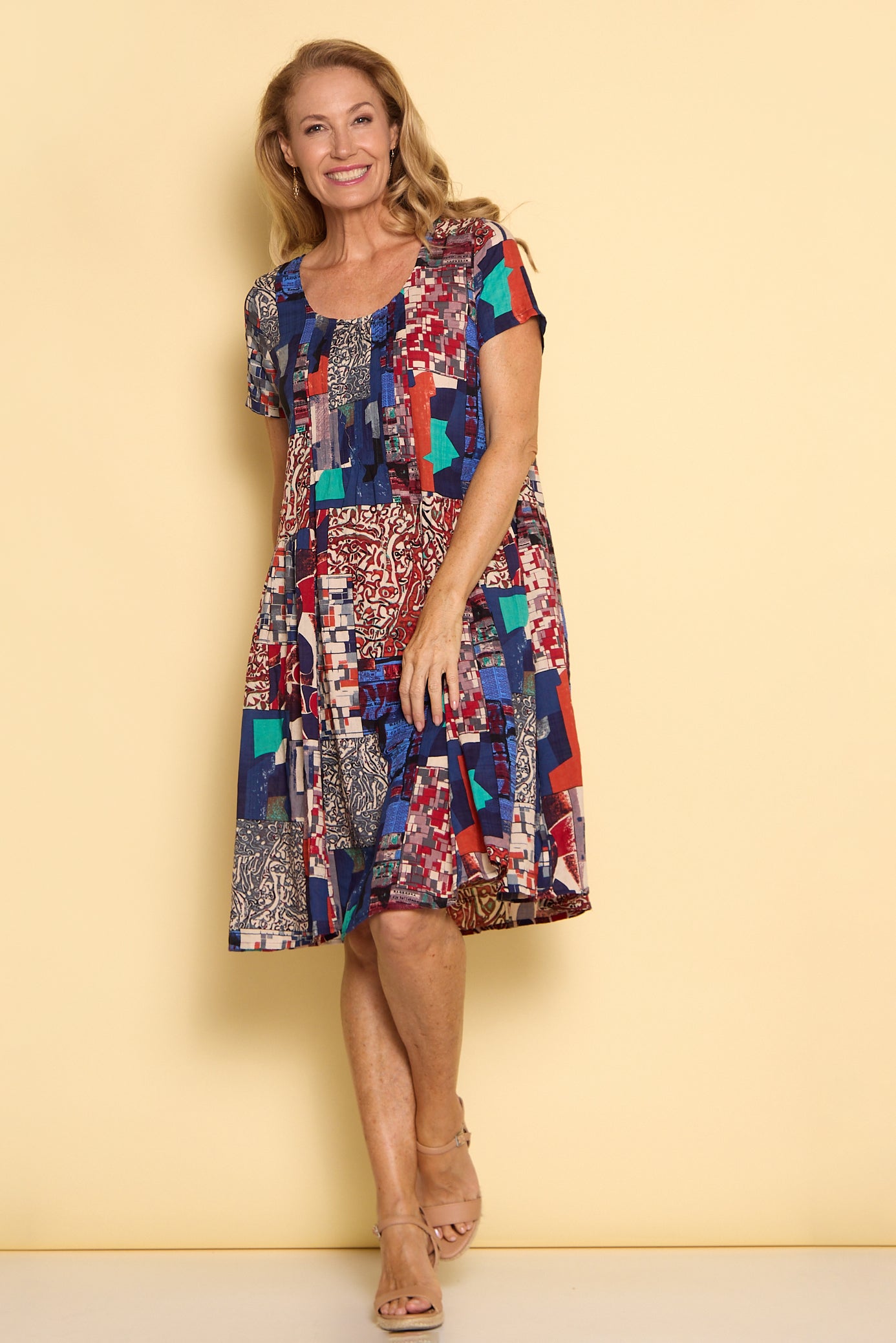 Emery Cotton Dress - Navy/Burgundy Mosaic