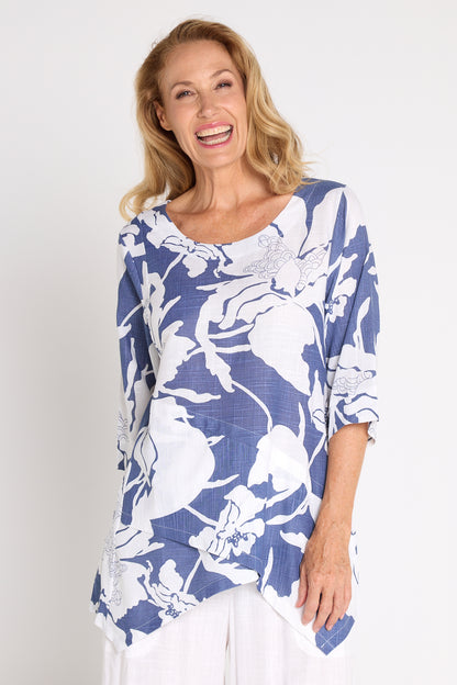 Esther Linen Top - White/Blue Floral Print