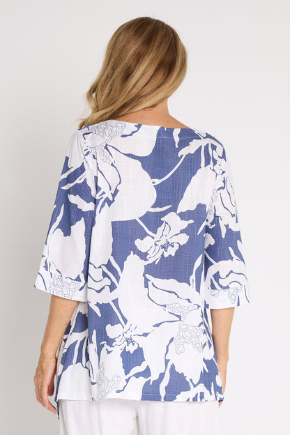 Esther Linen Top - White/Blue Floral Print