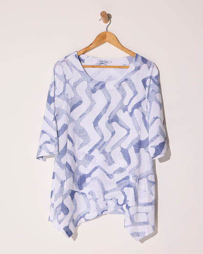 Esther Linen Top - Blue/White Print