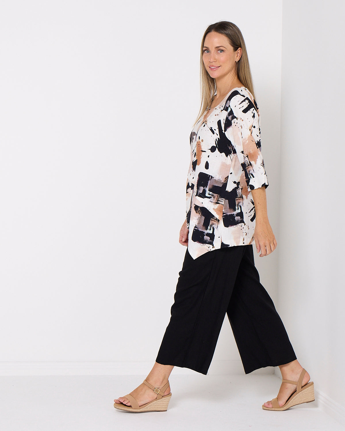 Esther Linen Top - Espresso Abstract