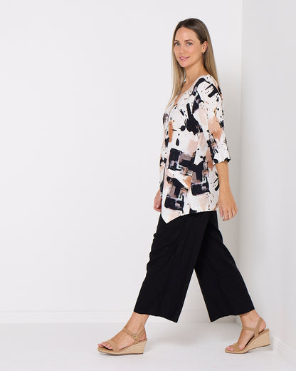 Esther Linen Top - Espresso Abstract