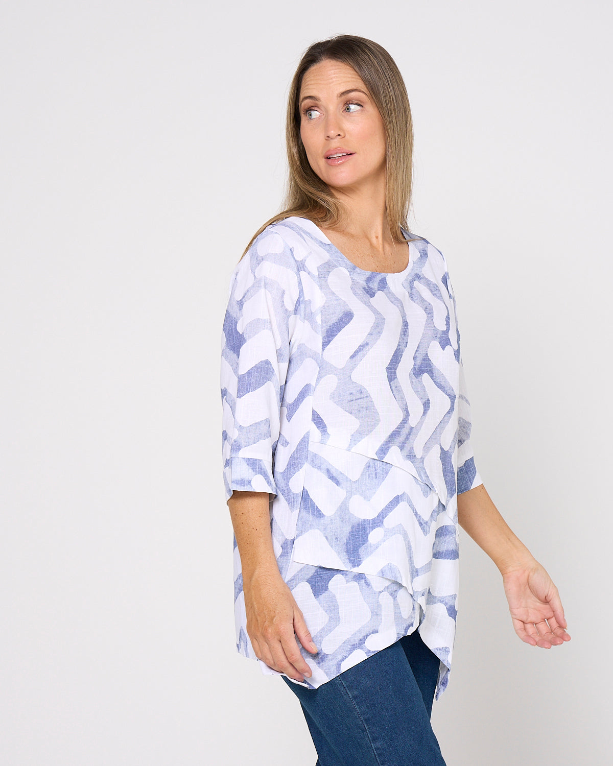 Esther Linen Top - Blue/White Print