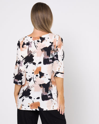 Esther Linen Top - Espresso Abstract