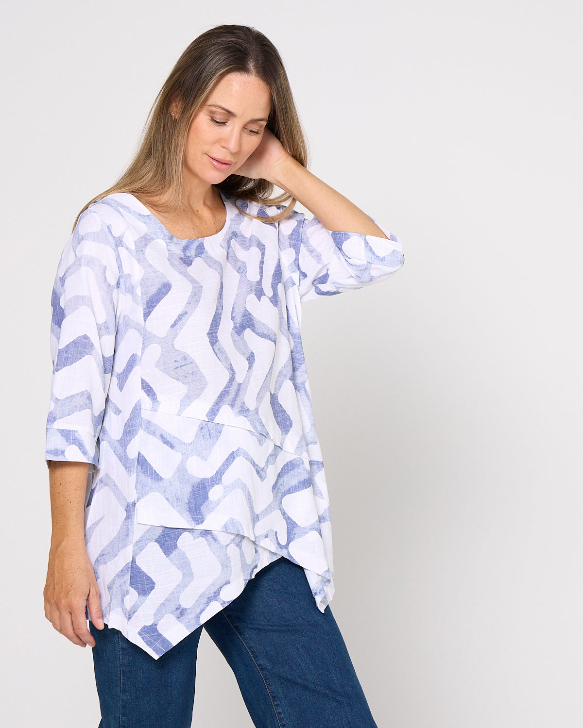Esther Linen Top - Blue/White Print