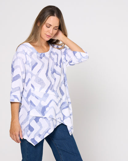 Esther Linen Top - Blue/White Print