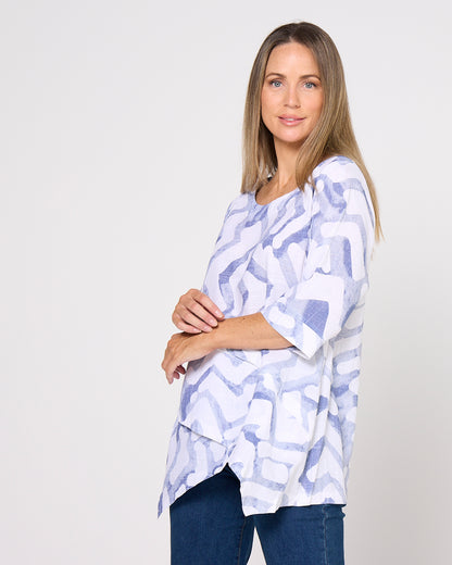 Esther Linen Top - Blue/White Print