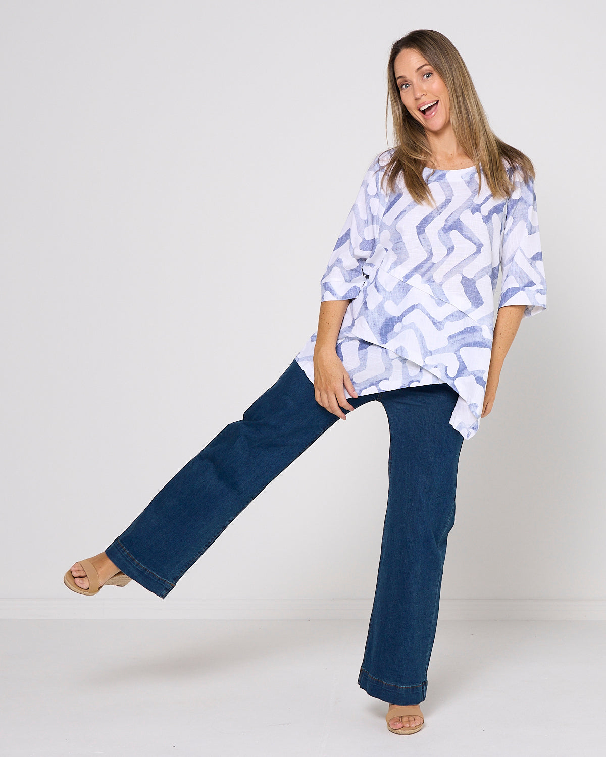 Esther Linen Top - Blue/White Print