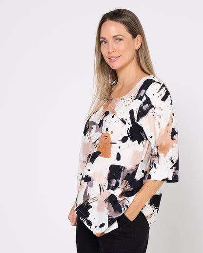 Esther Linen Top - Espresso Abstract