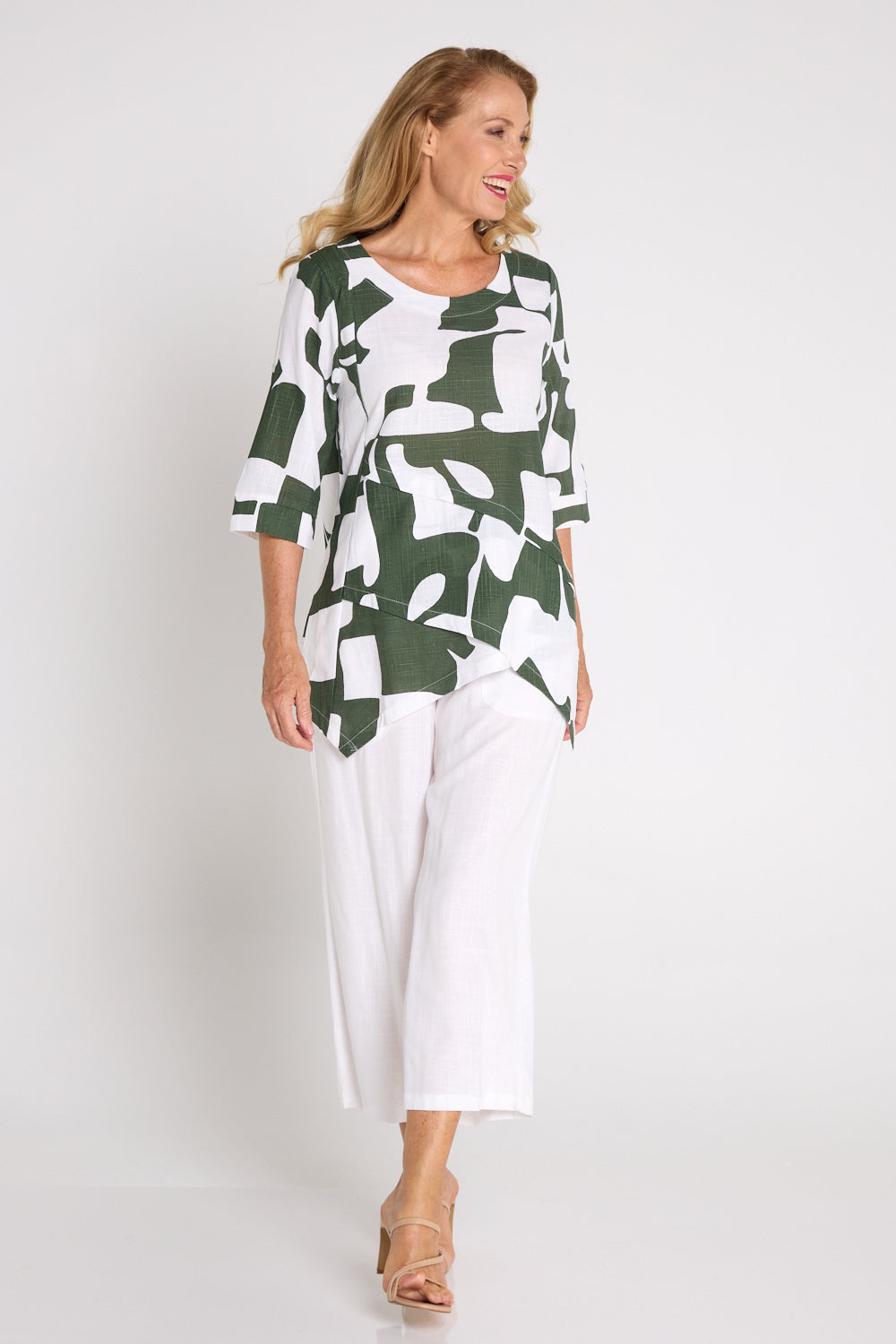 Esther Linen Top - White/Dark Green