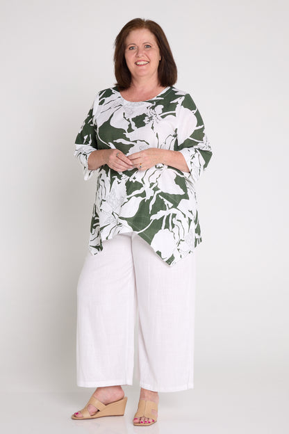 Esther Linen Top - White/Dark Green Floral Print