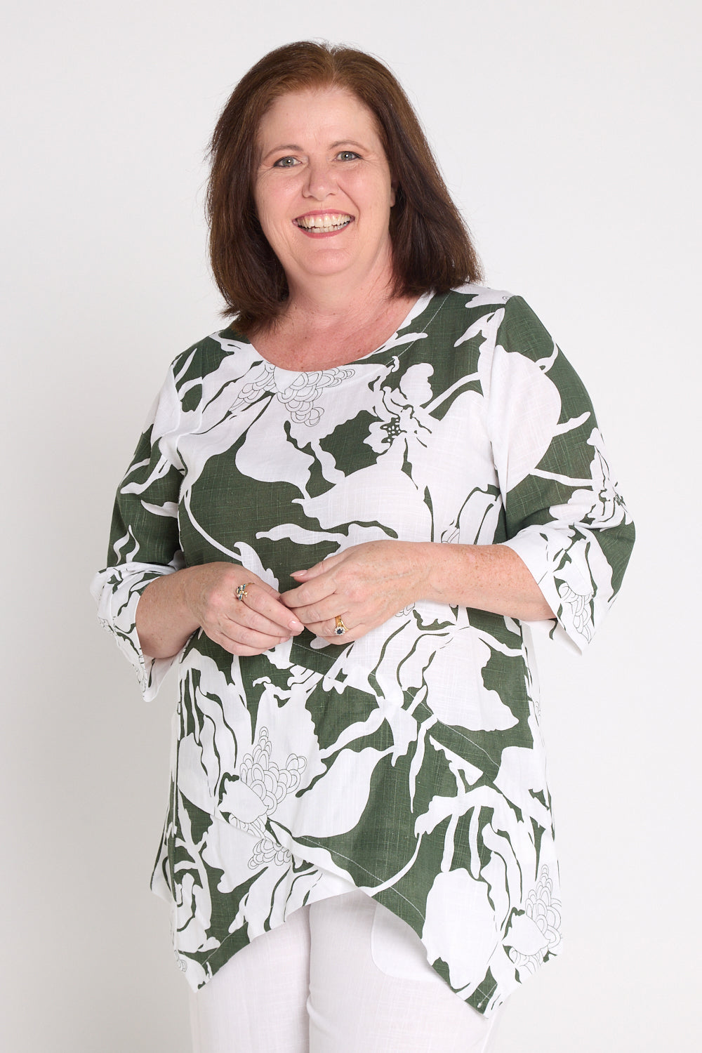 Esther Linen Top - White/Dark Green Floral Print