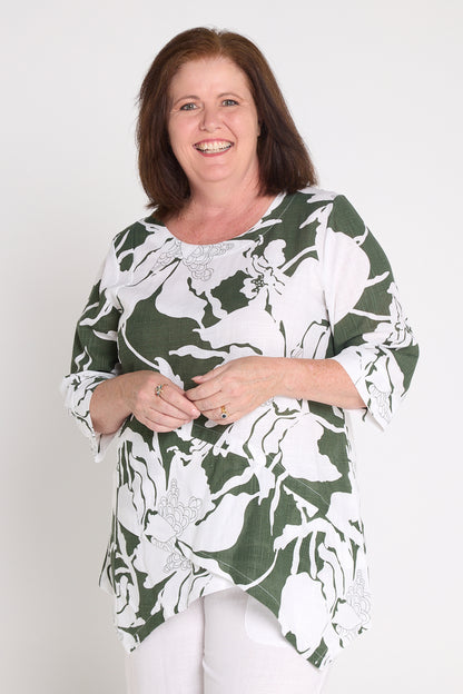 Esther Linen Top - White/Dark Green Floral Print