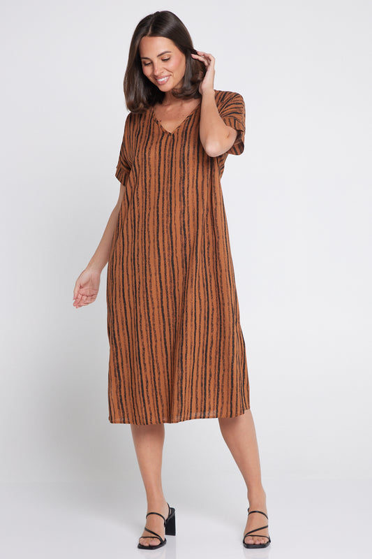 Esiteri Cotton Dress - Tan Stripe