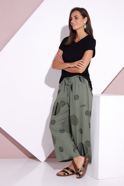 Aiko Linen Pants - Khaki Circle Print