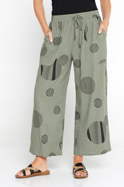 Aiko Linen Pants - Khaki Circle Print