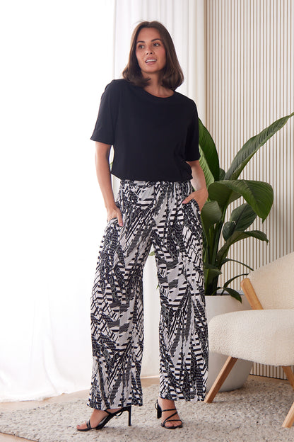 Tammy Wide Leg Jersey Pants - Black/White Collage