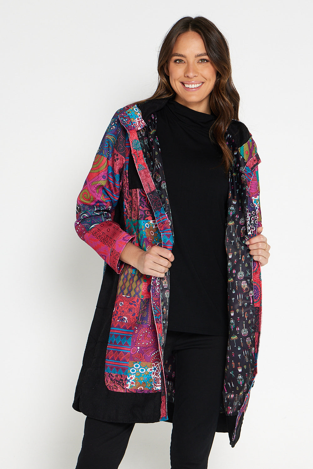 Bicheno Corduroy Coat - Magenta Patchwork