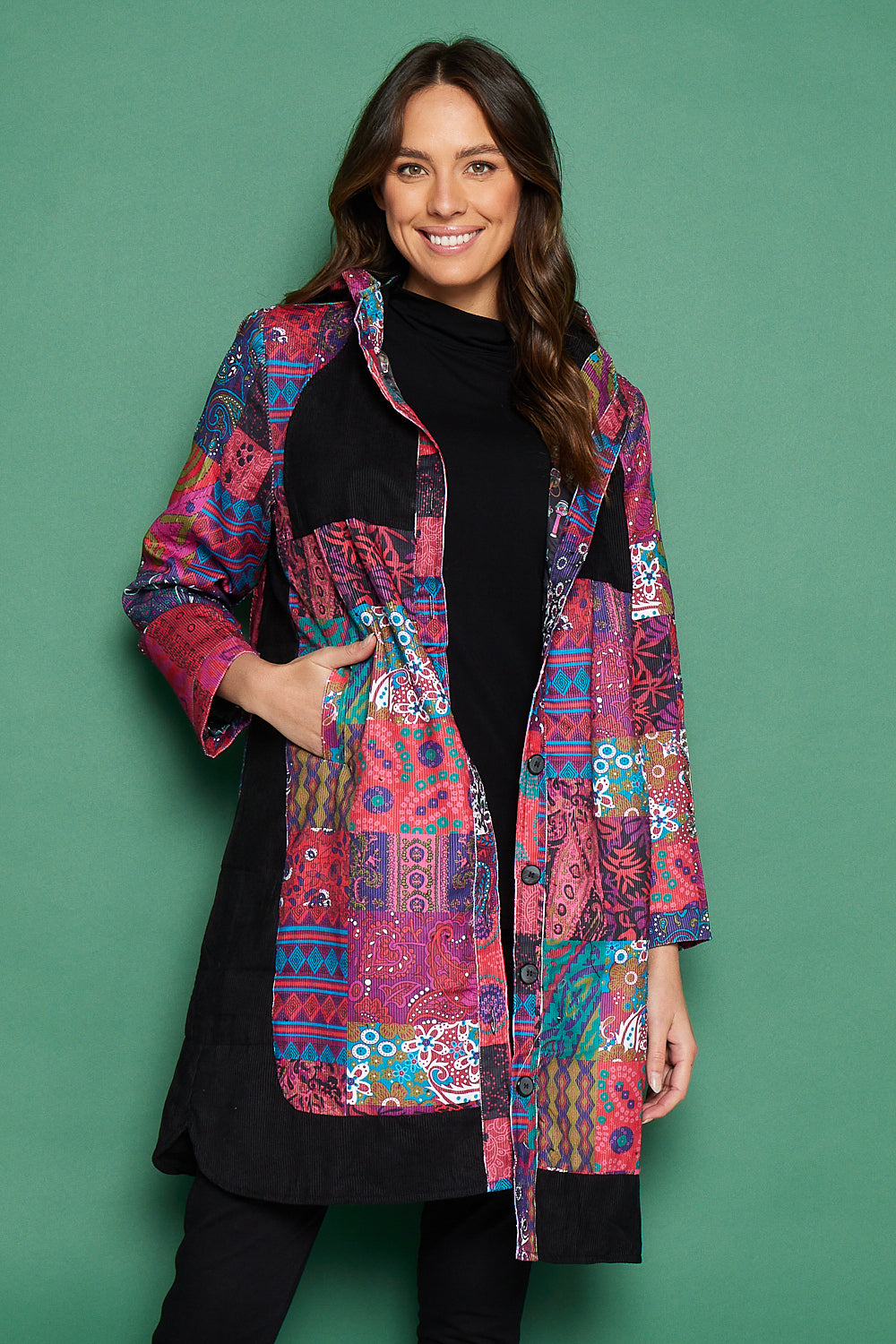 Bicheno Corduroy Coat - Magenta Patchwork