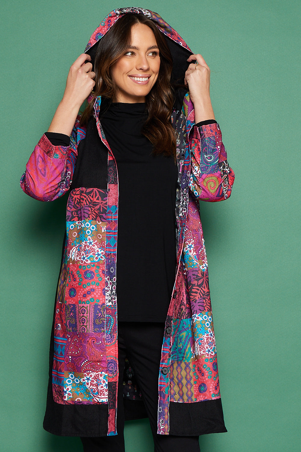 Bicheno Corduroy Coat - Magenta Patchwork