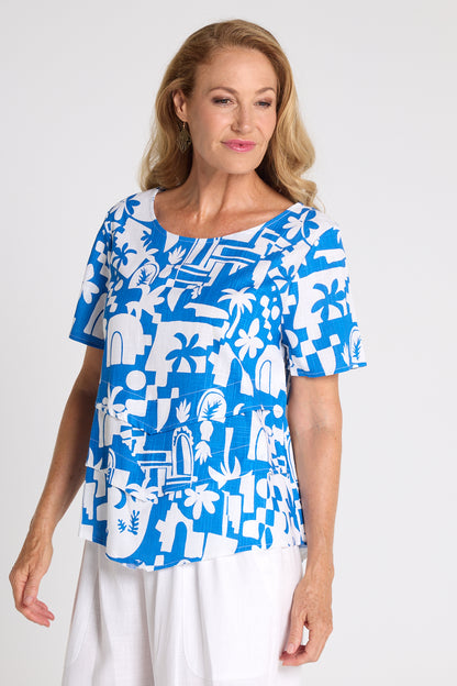 Elaine Linen Top - Cobalt/White Resort