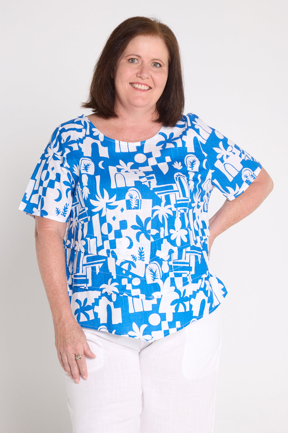 Elaine Linen Top - Cobalt/White Resort