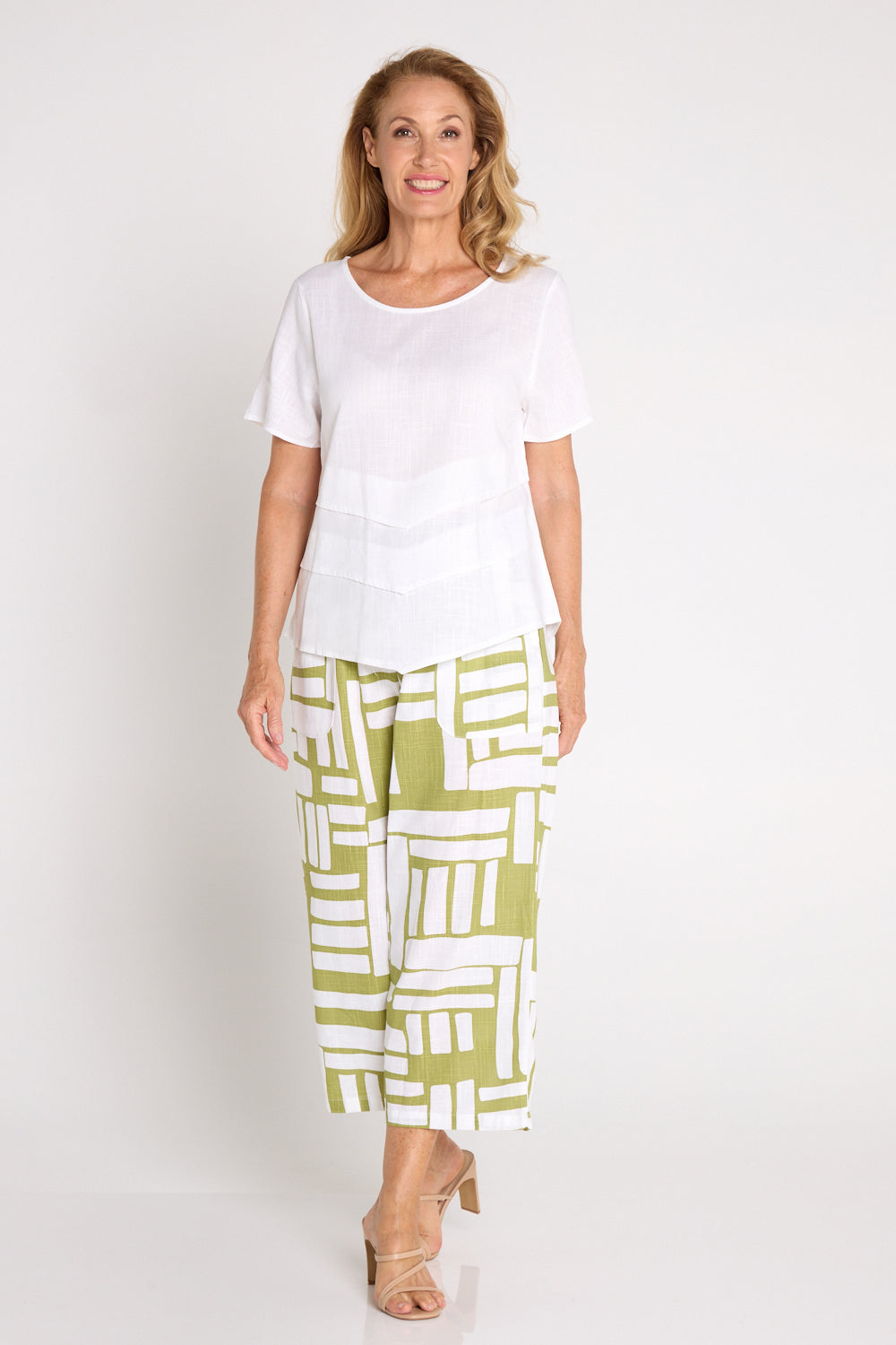 Aiko Linen Pants - White/Olive Midcentury