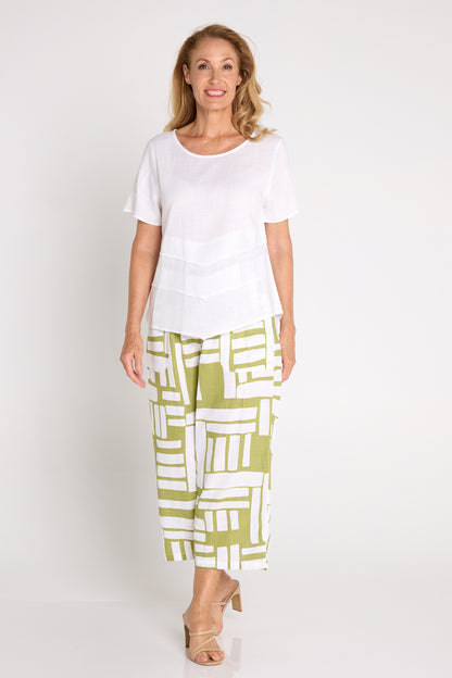 Aiko Linen Pants - White/Olive Midcentury