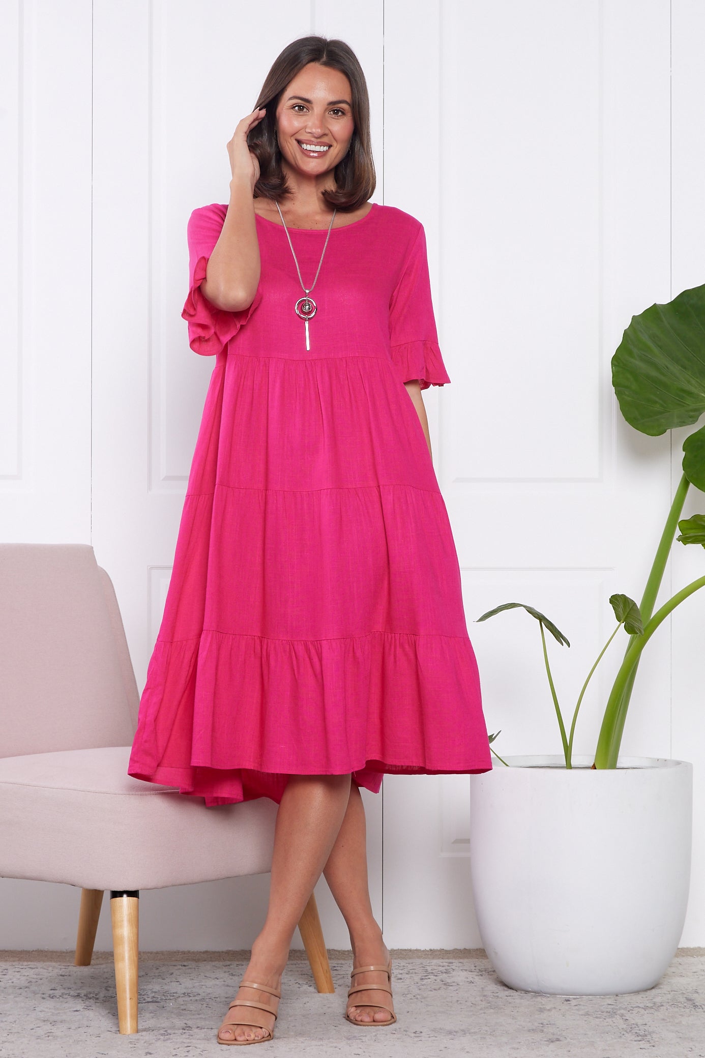 Hot Pink Knee Length Dress Sharon Collar Midi Dress, Hot Pink